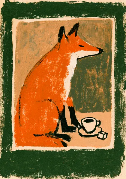 Red Fox with Coffee Cup Linocut Print