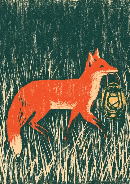Red Fox with Lantern Linocut Print