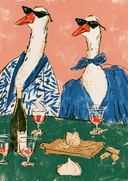 Geese in Sunglasses and Robes Dinner Party Print