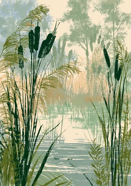 Reeds and Cattails Pond Landscape Print