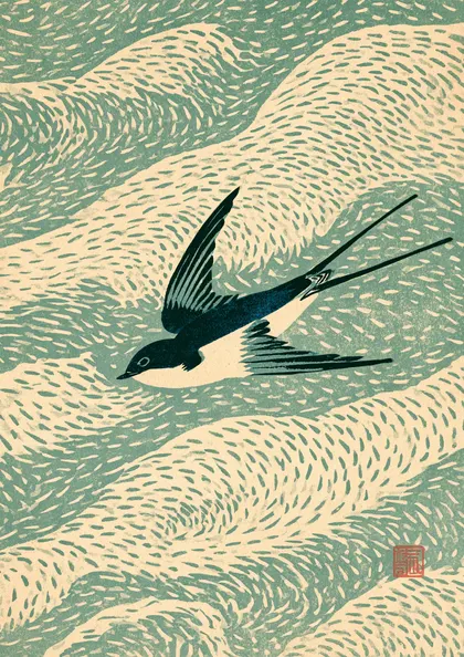 Swallow in Japanese Woodblock Style Print