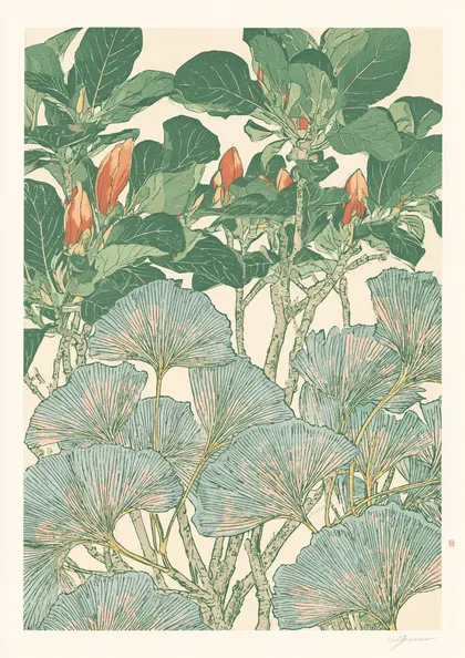 Ginkgo and Magnolia Botanical Illustration Print