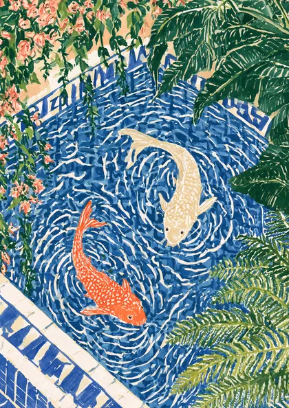 Koi Fish Pond and Tropical Plants Illustration Print