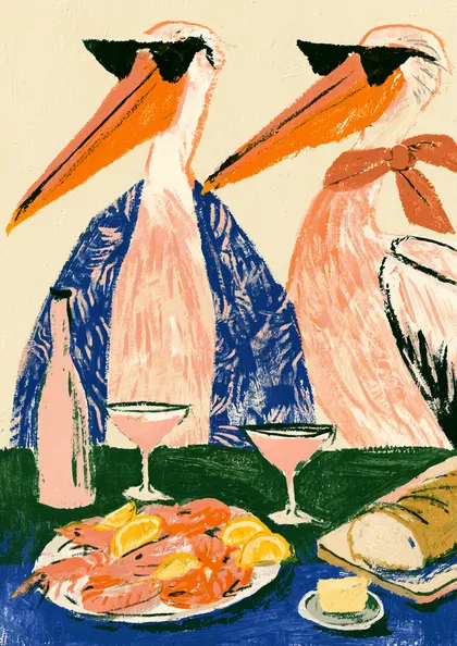 Pelican Lunch Print, Sunglasses and Prawns