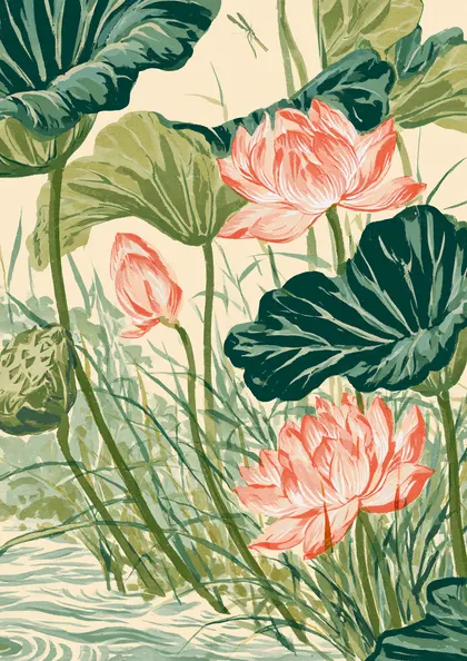 Pink Lotus and Green Leaves Botanical Print
