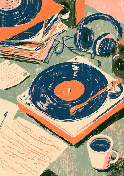 Vinyl Record Player and Headphones Linocut Print