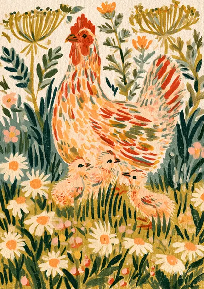 Hen and Chicks in Wildflowers Gouache Print