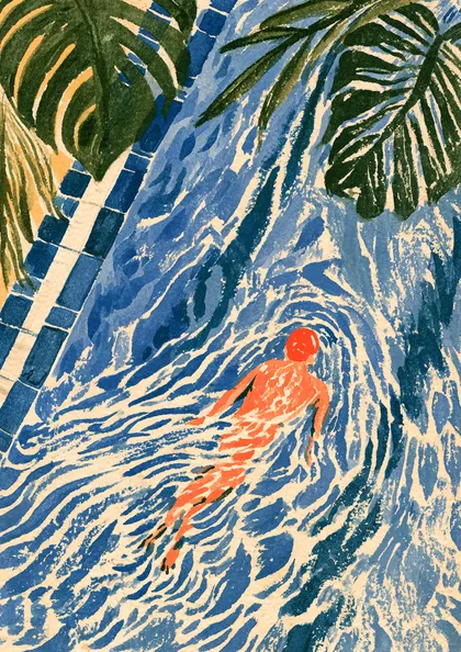 Swimmer in Blue Pool with Monstera Leaves Print