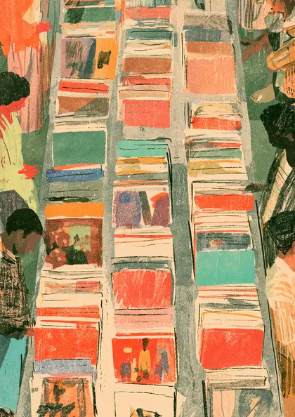 Bookshop Stacks Illustration Print, Coloured Art
